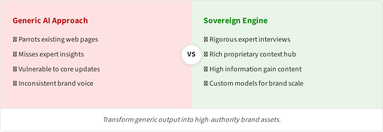Architecture diagram of a sovereign content engine with proprietary data inputs