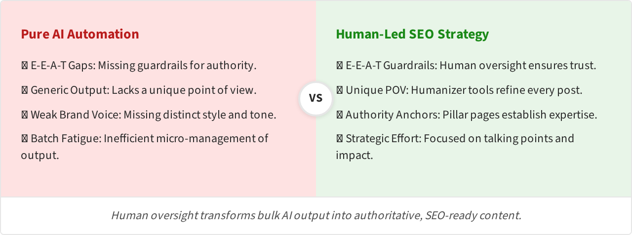 Illustration of human editorial oversight integrated into bulk AI content generation